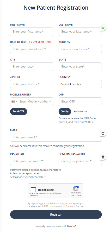 Patient Portal Registration Screen